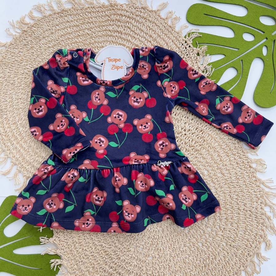  Inverno 2025 - Vestido em Plush Ursinhos e Cerejinhas - Marinho